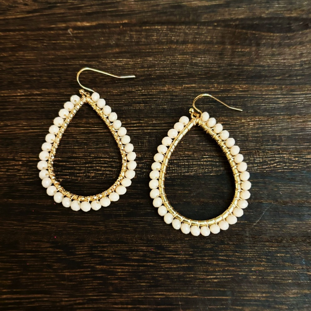 Very Light Pink/Cream Colored Beaded Teardrop Shape Boho Earrings with Gold Tone